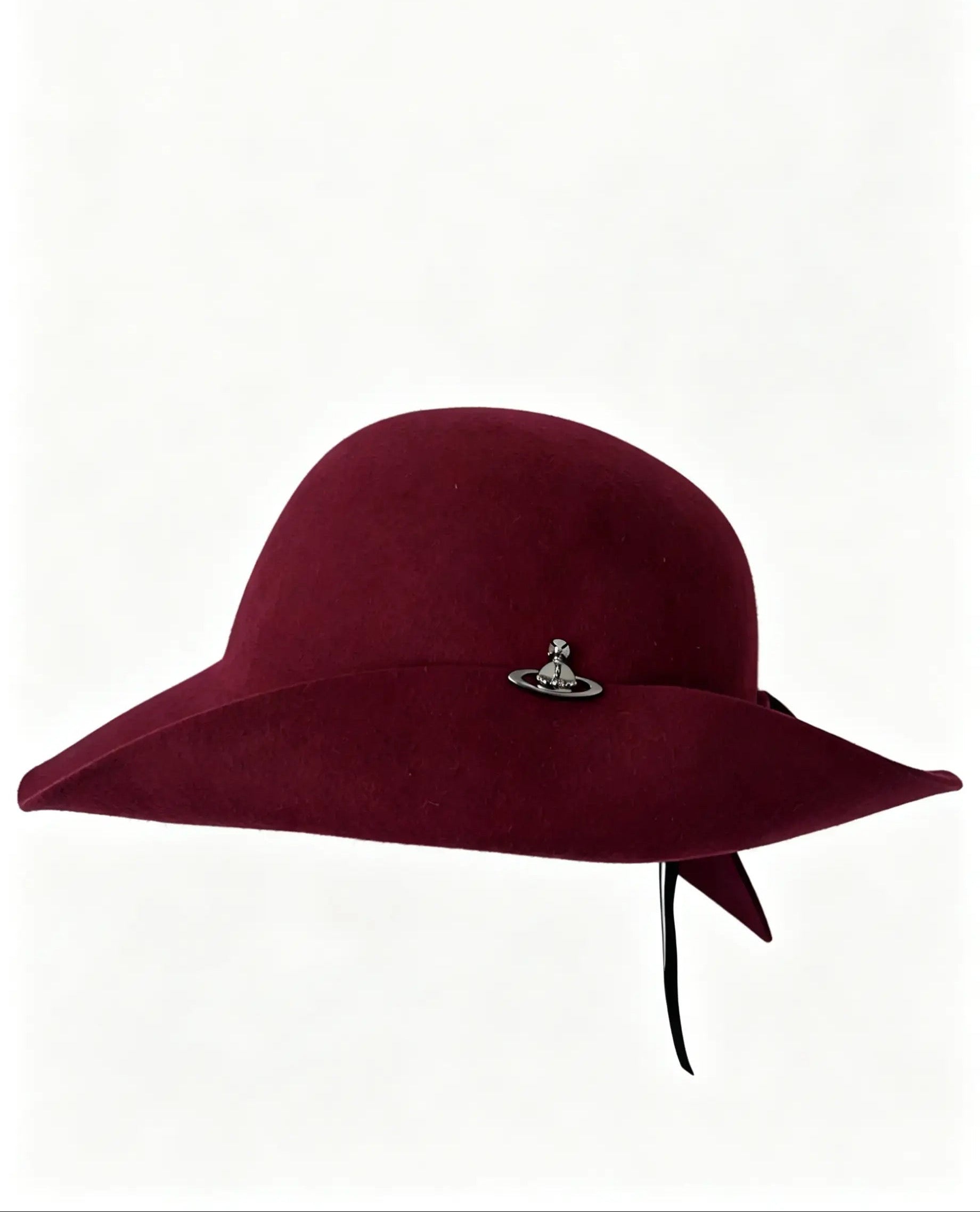 A burgundy felt wide-brim hat featuring the iconic silver-tone Vivienne Westwood logo on the front and a black strap, shown against a plain white background.